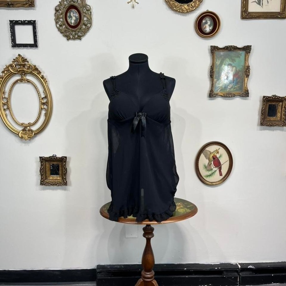 Vintage Black Sheer Babydoll Lingerie Top with Ruffle Hem & Satin Bow